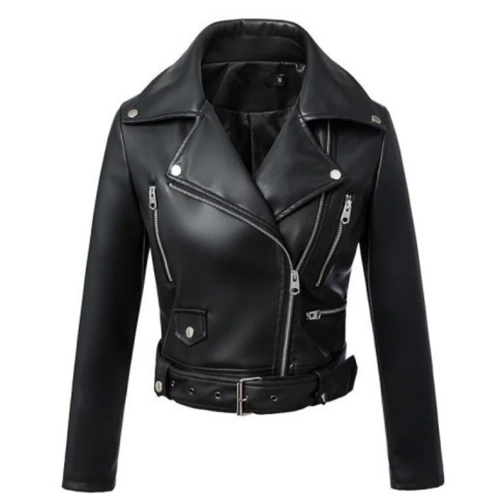 Black faux leather jacket with collar and belt